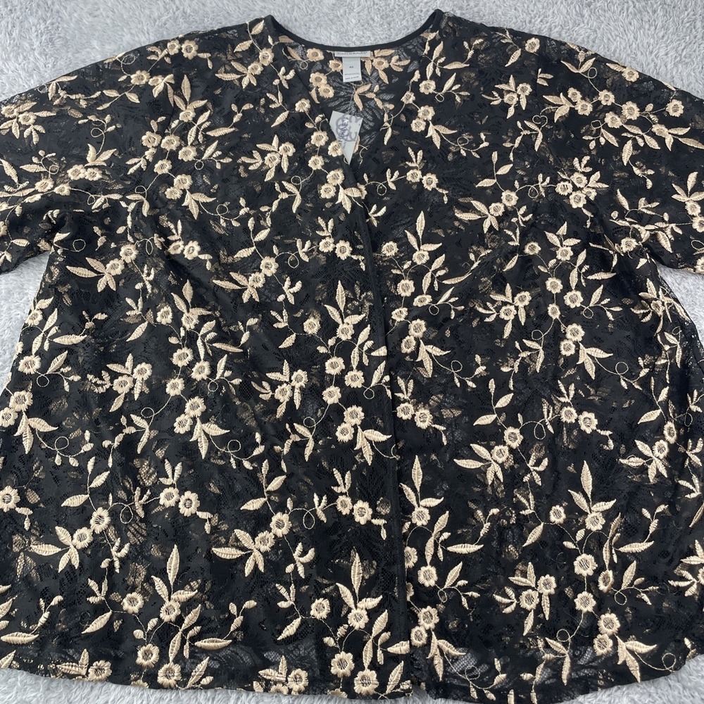 Catherines‎ Lace Embroidered Cardigan Womens 4X Black Gold Kimono Boho Artsy
